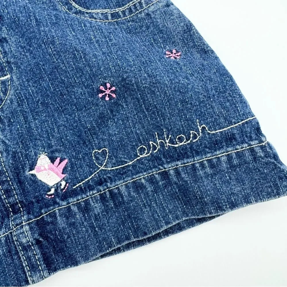 Vintage‎ OshKosh Snowflake and Penquin Embroidered Denim Overall Skirt Size 6-9